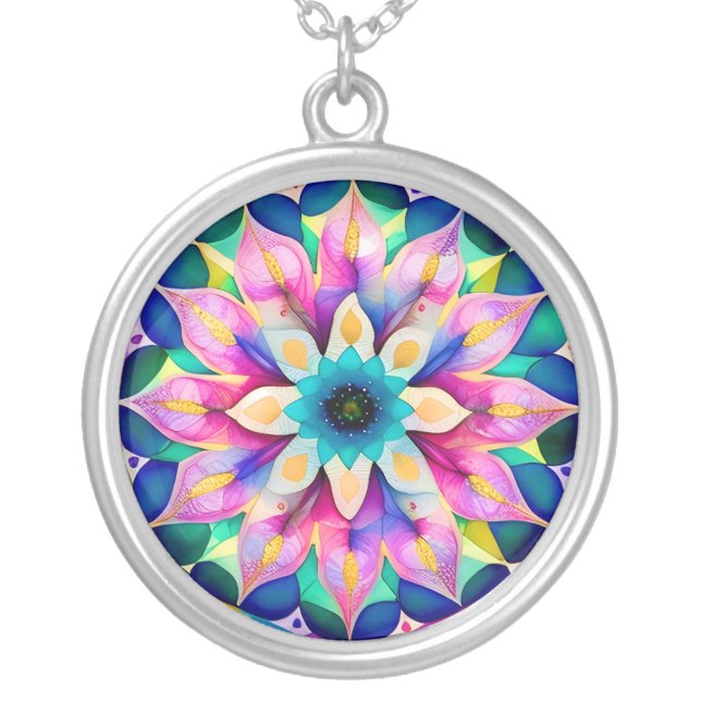 Kaleidoscope Blue and Lavendar Flower Necklace (Front)