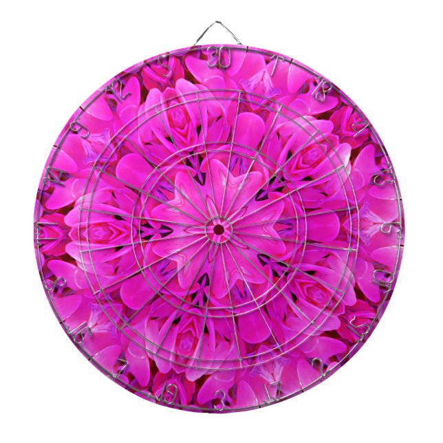 Kaleidoscope Design Hot Pink Floral Art Dartboard With Darts (Front)