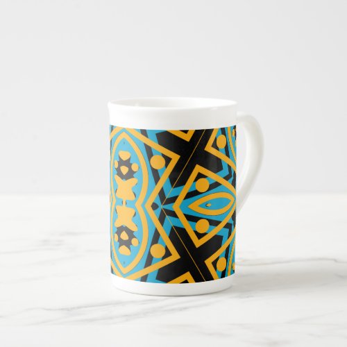 Kaleidoscope Design Light Blue Gold Black Bone China Mug