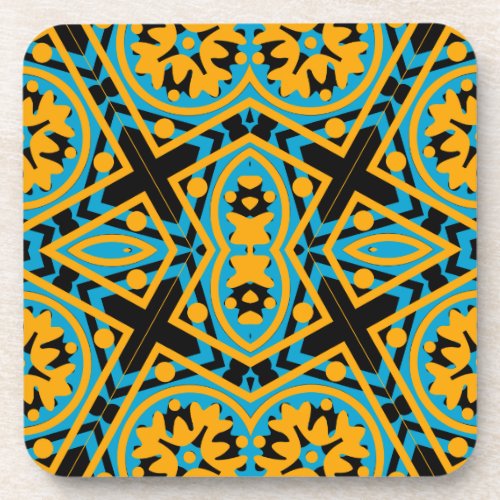 Kaleidoscope Design Light Blue Gold Black Coaster