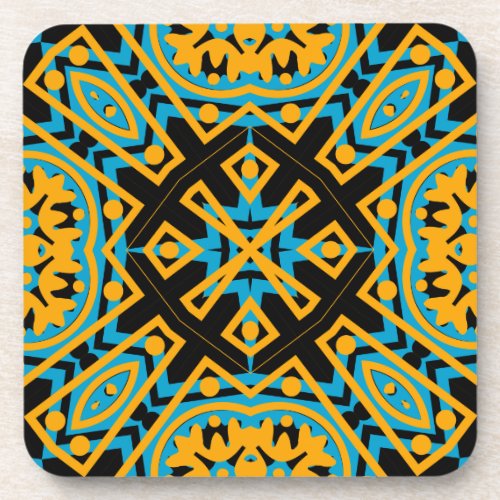 Kaleidoscope Design Light Blue Gold Black Drink Coaster