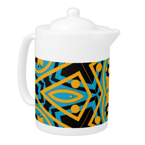 Kaleidoscope Design Light Blue Gold Black Teapot