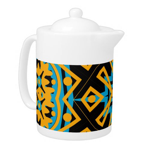 Kaleidoscope Design Light Blue Gold Black Teapot