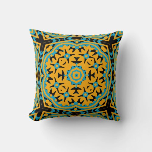 Kaleidoscope Design Light Blue Gold Black Throw Pillow