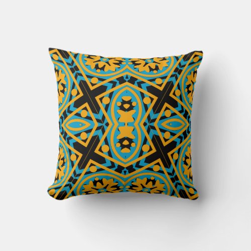 Kaleidoscope Design Light Blue Gold Black Throw Pillow