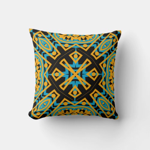 Kaleidoscope Design Light Blue Gold Black Throw Pillow