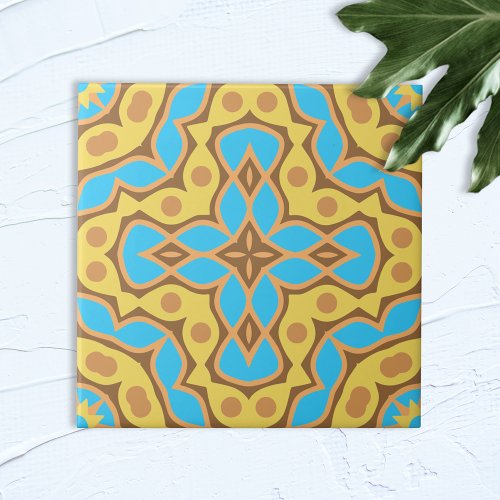 Kaleidoscope Ethnic Yellow Brown Turquoise Pattern Ceramic Tile