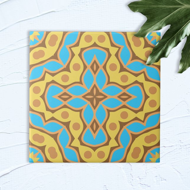 Kaleidoscope Ethnic Yellow Brown Turquoise Pattern Ceramic Tile (Creator Uploaded)