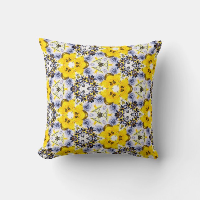 Kaleidoscope Floral in Yellow,Blue, Gray Throw Pillow (Front)