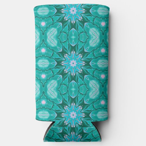 Kaleidoscope Flower Pattern Teal Seltzer Can Cooler