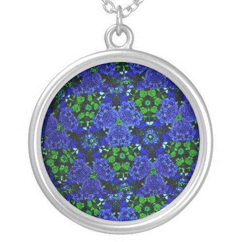 Kaleidoscope Flowers in Blue  Green Pattern Silver Plated Necklace