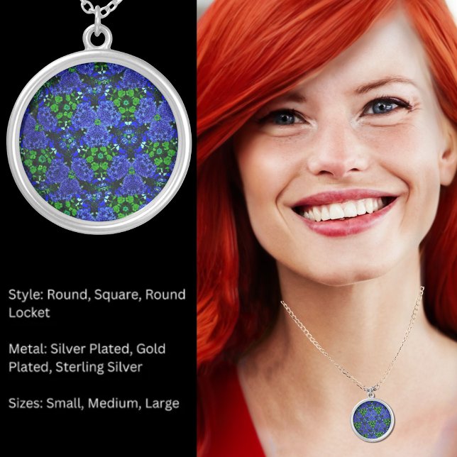 Kaleidoscope Flowers in Blue & Green Pattern Silver Plated Necklace (Kaleidoscope Flowers in Blue & Green Pattern Silver Plated Necklace)
