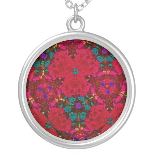 Kaleidoscope Flowers in Red  Blue Green Pattern Silver Plated Necklace