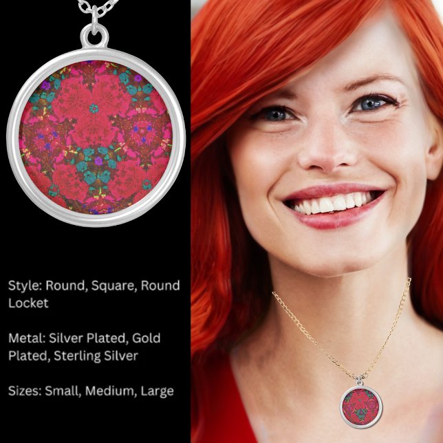 Kaleidoscope Flowers in Red & Blue Green Pattern Silver Plated Necklace (Kaleidoscope Flowers in Red & Blue Green Pattern Silver Plated Necklace)