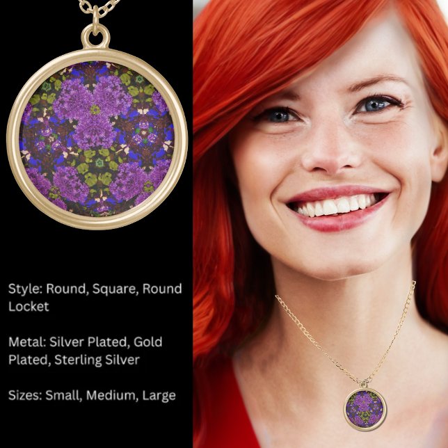 Kaleidoscope Flowers Purple, Green & Blue Pattern Gold Plated Necklace (Kaleidoscope Flowers Purple, Green & Blue Pattern Gold Plated Necklace)