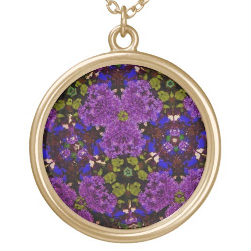 Kaleidoscope Flowers Purple Green  Blue Pattern Gold Plated Necklace