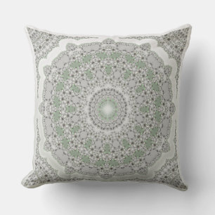 Kaleidoscope Fractal Mandala - grey green Throw Pillow
