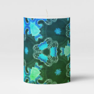 Kaleidoscope green/teal/blue design pillar candle