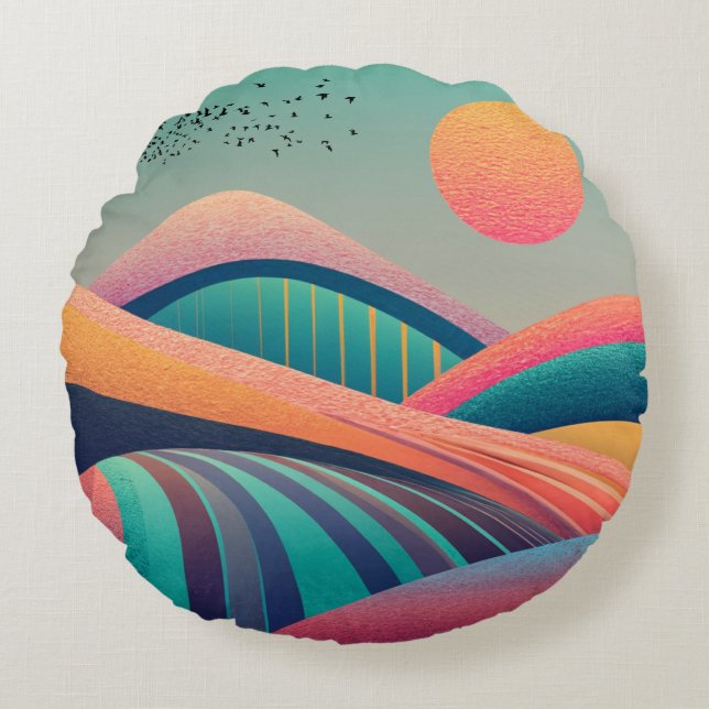 Kaleidoscope Hills Landscape Round Pillow (Front)