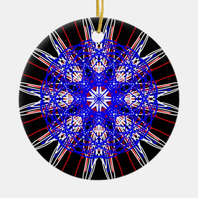 kaleidoscope mandala art black red white blue ceramic ornament (Front)