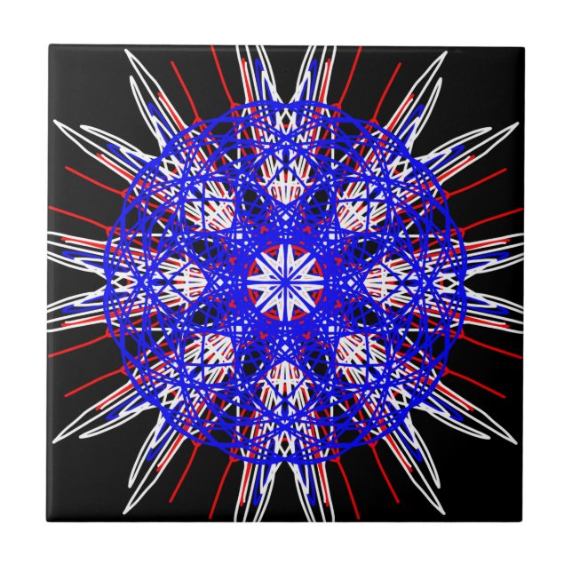 kaleidoscope mandala art black red white blue tile (Front)