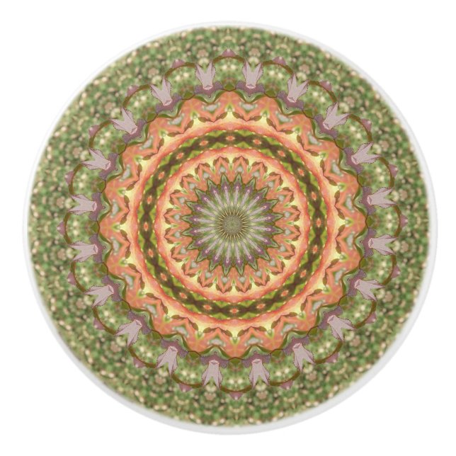 Kaleidoscope Mandala ceramic knob green orange (Front)