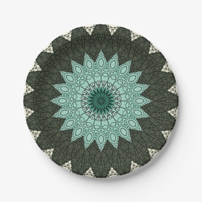 Kaleidoscope Mandala in Green and Blue Paper Plates (Front)