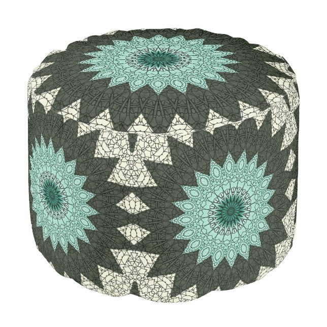 Kaleidoscope Mandala in Green and Blue Pouf (Angled Front)