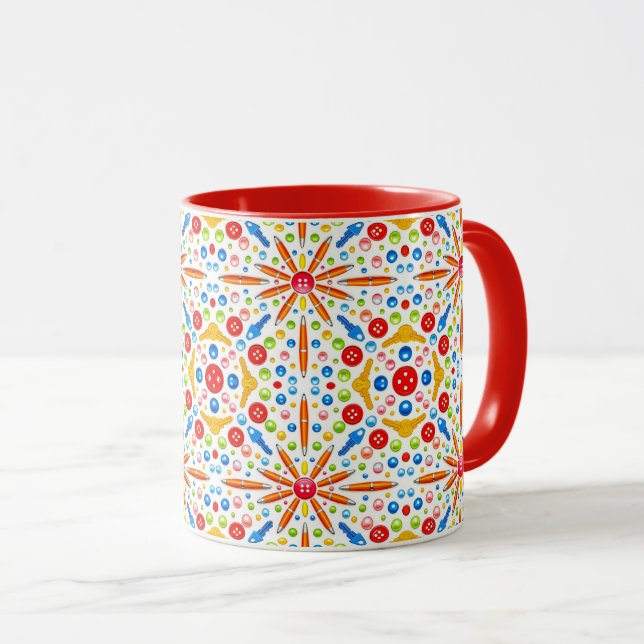 Kaleidoscope pattern, red trim, mug (Front Right)