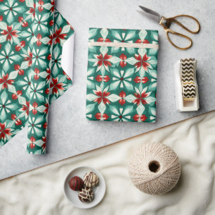 Kaleidoscope Poinsettia Green Red Pattern Gift Wrapping Paper