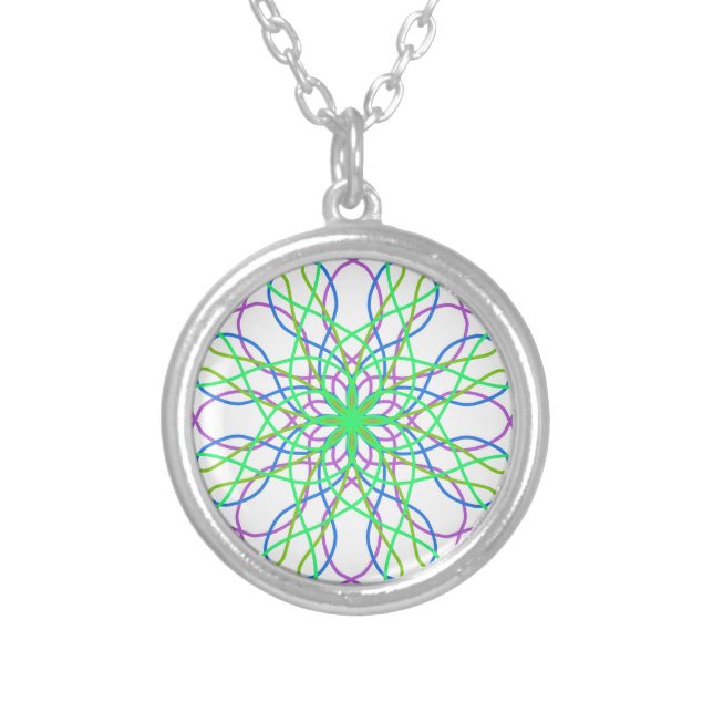 Kaleidoscope Star, White Green Blue Purple Art Silver Plated Necklace (Front)