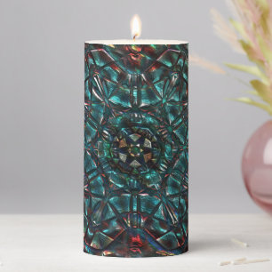 Kaleidoscope style old metal chrome blue green to pillar candle