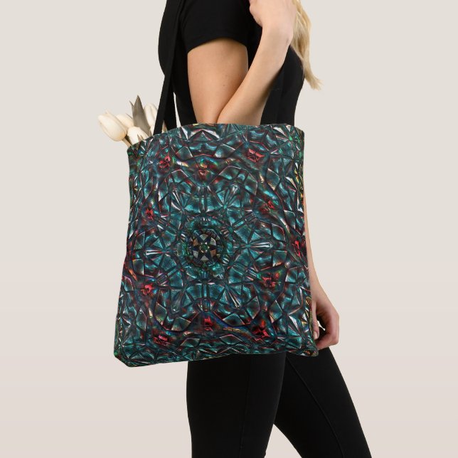 Kaleidoscope style old metal chrome blue green to  tote bag (Close Up)