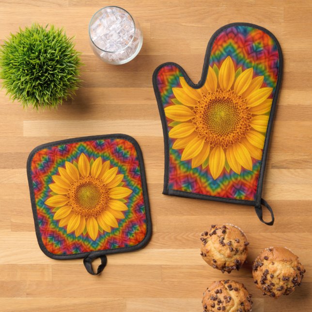 Kaleidoscope Sunflower  Oven Mitt & Pot Holder Set (Top Down)