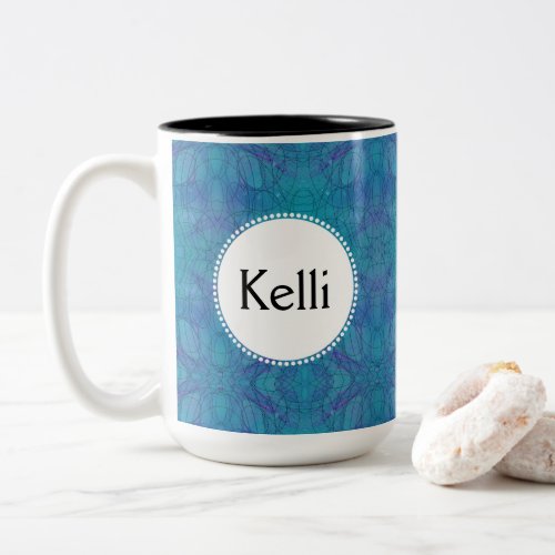 Kaleidoscopic Blues Abstract Art with Your Name Two_Tone Coffee Mug