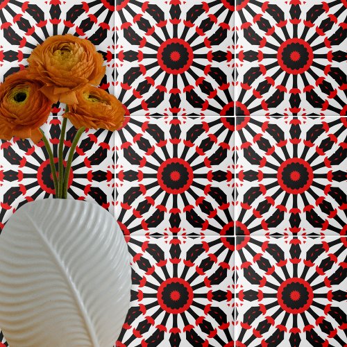 Kaleidoscopic Red Black White Mosaic Pattern  Ceramic Tile