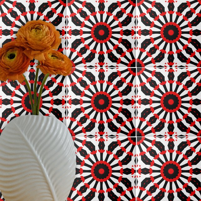 Kaleidoscopic Red Black White Mosaic Pattern  Ceramic Tile (Creator Uploaded)