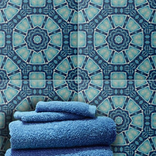 Kaleidoscopic Soft Blue and Indigo Geometric Ceramic Tile