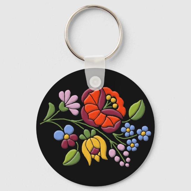 Kalocsa Embroidery - Hungarian Folk Art black bg. Keychain (Front)