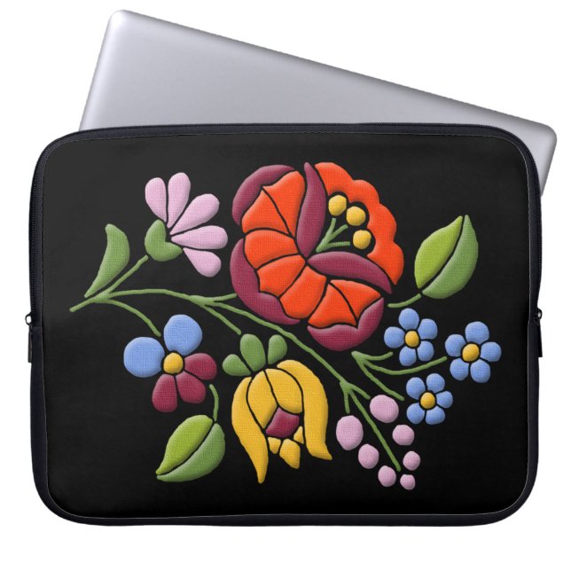 Kalocsa Embroidery - Hungarian Folk Art black bg. Laptop Sleeve (Front)