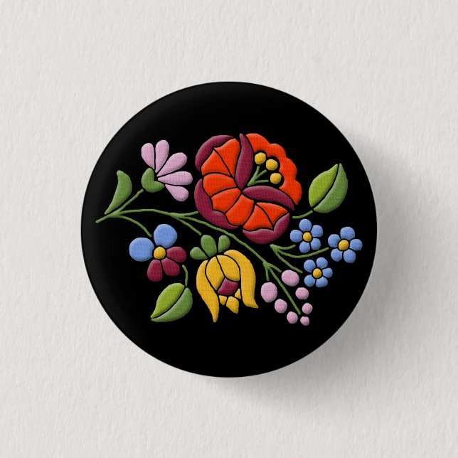Kalocsa Embroidery - Hungarian Folk Art black bg. Pinback Button (Front)