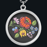 Kalocsa Embroidery - Hungarian Folk Art black bg. Silver Plated Necklace<br><div class="desc">Authentic embroidery design from Hungary. The art of Kalocsa Embroidery was born in the second half of the 19th century. Originally the needlework was only white and the embroidery patterns were merely made up by holes. At the end of the 19th century, the art of Kalocsa embroidery went through creative...</div>