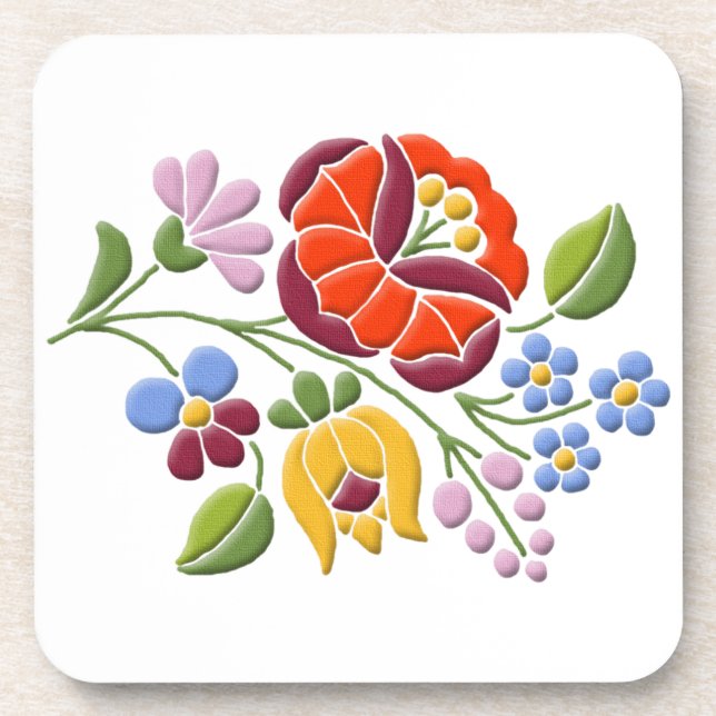 Kalocsa Embroidery - Hungarian Folk Art Drink Coaster (Front)