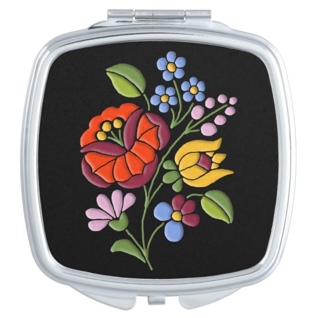 Kalocsa Embroidery - Hungarian Folk Art Makeup Mirror (Front)