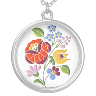 Kalocsa Embroidery - Hungarian Folk Art Silver Plated Necklace