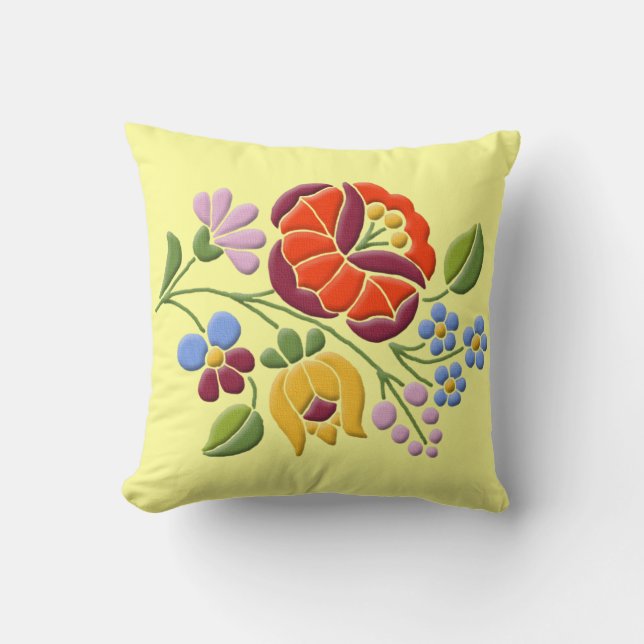 Kalocsa Embroidery - Hungarian Folk Art Throw Pillow (Front)
