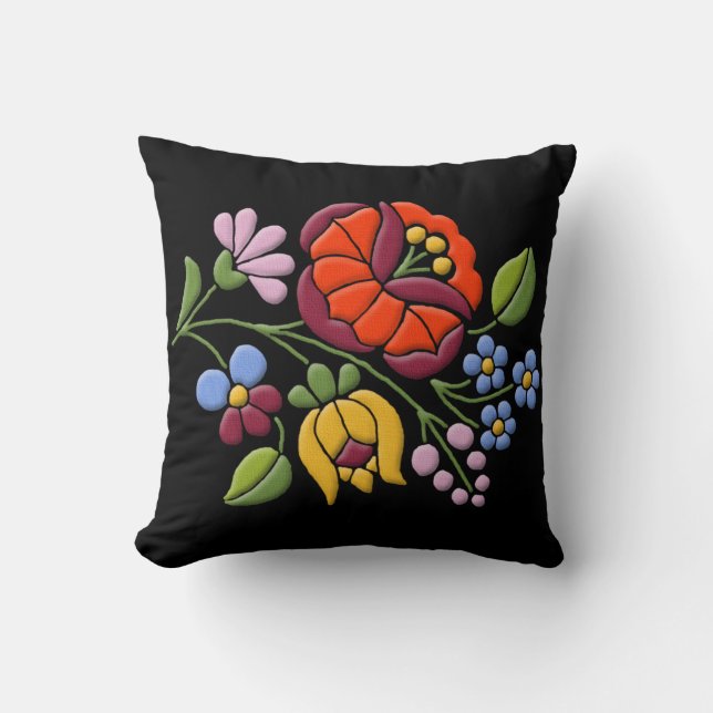 Kalocsa Embroidery - Hungarian Folk Art Throw Pillow (Front)