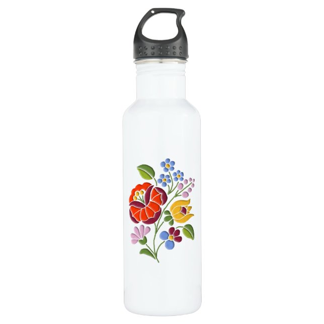 Kalocsa Embroidery - Hungarian Folk Art Water Bottle (Front)