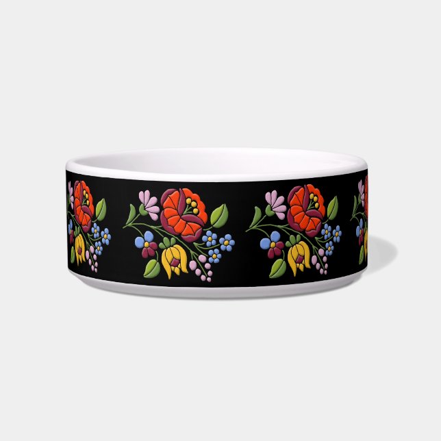 Kalocsa - Hungarian Folk Art pet bowl black (Left)
