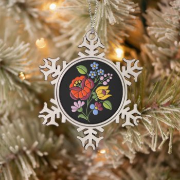 Kalocsai Embroidery - Hungarian Folk Art Black Snowflake Pewter Christmas Ornament by VintageTreasury at Zazzle